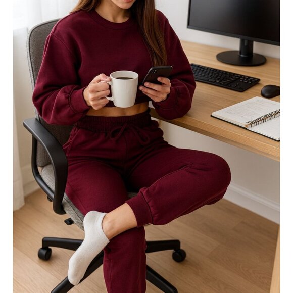 Zenana Outfitters Tops - Zenana 2 Pcs Crop Sweatshirt Tracksuit High Waist Jogger Set Active Burgundy